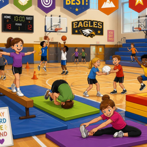 palestra scolastica immagine cartonata con bimbi che fanno vari sport