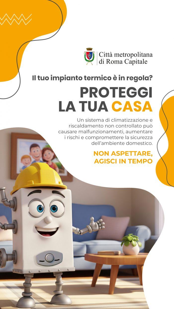 Locandina caldaia stilizzata con scritta "proteggi la tua casa"