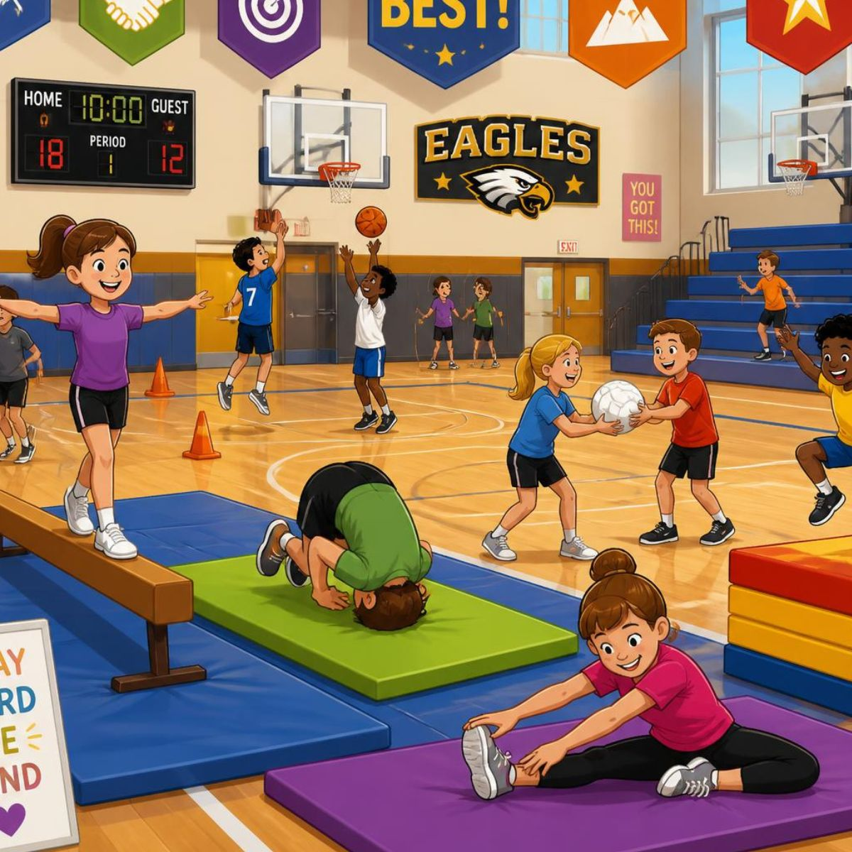 palestra scolastica immagine cartonata con bimbi che fanno vari sport